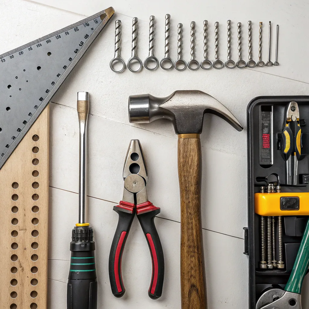 Various assembly tools on a workbench